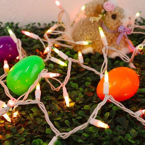 Pastel Multicolor 150 Count 33 Feet Green Wire Mini Fairy Lights 120V UL Certified Connectable Incandescent Christmas Tree Outdoor Indoor Decoration For Garden Patio Holiday Party displayed with decorative eggs and greenery