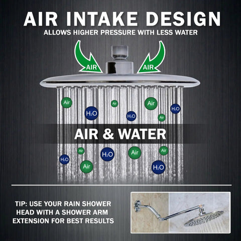 9 Inch Overhead Rain Shower Head With Self Cleaning Nozzles True Waterfall Drench High Flow Two Point Five GPM Chrome Finish Includes Ceiling Arm Extension For Spa Vibe Shower Experience with air intake design
