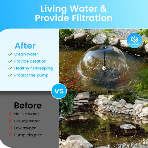 Comparison of pond water before and after using Easy Install Pond Filter Pump Fountain Kit With UV Clarifier 660 GPH 40W