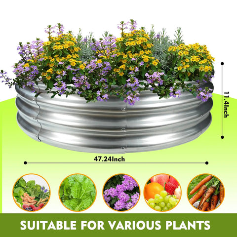 Large silver galvanized steel planter with colorful flowers, labeled dimensions 47.24 inches wide, 11.4 inches tall.