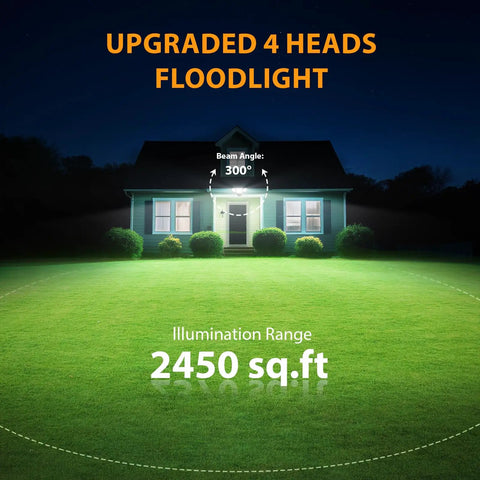 Heavy Duty 90W LED Security Flood Light With Dang Bright 10000 Lumen Coverage And Four Adjustable Heads Featuring Dusk To Dawn Sensor IP65 Weatherproof Outdoor Spotlight For Backyard Gate And Porch Installations In Black