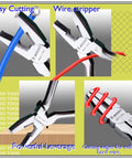 Stainless Steel 8 Inch Lineman's Pliers With Side Cutter And Wire Stripper demonstrating wire cutting and stripping.