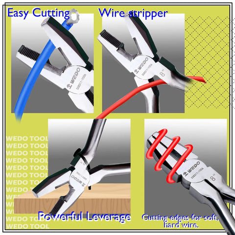 Stainless Steel 8 Inch Lineman's Pliers With Side Cutter And Wire Stripper demonstrating wire cutting and stripping.