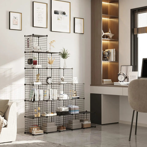 20 Cube Wire Grid Storage Organizer in black metal, modular shelving, 60.6 inch cabinet with decor, for home and office use.