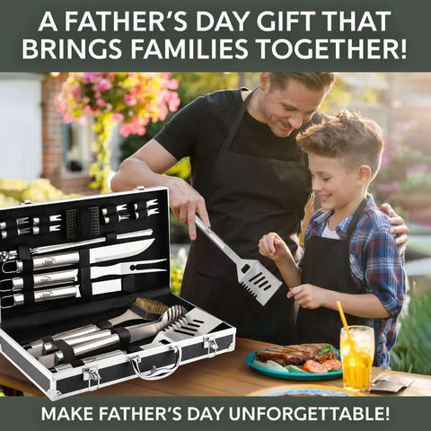 Father and son grilling with 21 Piece Heavy Duty Stainless Steel BBQ Tool Set With Apron And Aluminum Case