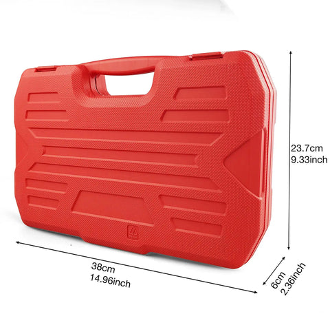 Red carrying case for Twenty Piece One Half Inch Drive Master Impact Allen Hex Bit Set with dimensions labeled