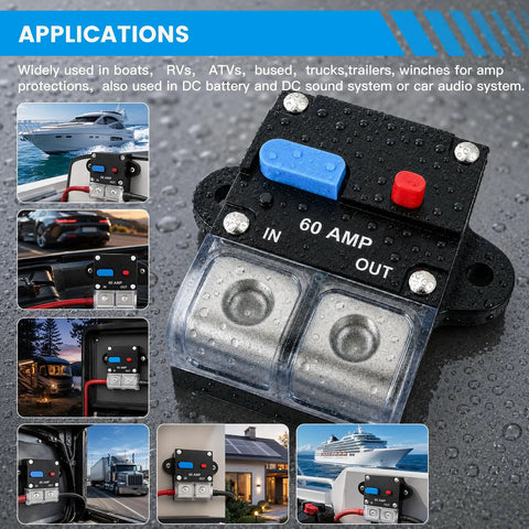 Built Tough 60 Amp Marine Circuit Breaker And Battery Disconnect Switch For Boat Trolling Motors showing waterproof connections and control switch.