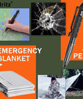 12 In 1 Outdoor Survival Kit For Camping And Hiking Enthusiasts Be Ready Lifesaving Gear With Compass Fire Starter Flashlight Tungsten Pen Mini Keychain Light Emergency Blanket 11 Function Card Whistle Wire Saw Paracord Bracelet For Disaster Prep shown with pen and emergency blanket