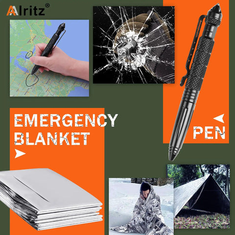 12 In 1 Outdoor Survival Kit For Camping And Hiking Enthusiasts Be Ready Lifesaving Gear With Compass Fire Starter Flashlight Tungsten Pen Mini Keychain Light Emergency Blanket 11 Function Card Whistle Wire Saw Paracord Bracelet For Disaster Prep shown with pen and emergency blanket
