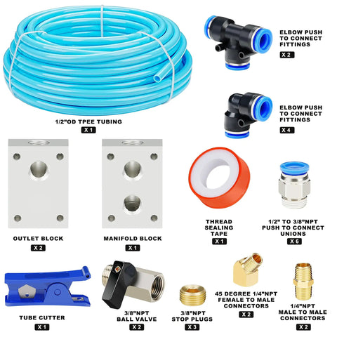 Half Inch OD Compressed Air Piping System And Shop Air Line Kit With 100 Feet TPEE Tubing And Three Eighths Inch ID, 27-Piece Push To Connect Kit, Pro Grade No Fuss Home Garage Air Piping Setup That Is Easy To Install, showing tubing, fittings, and connectors