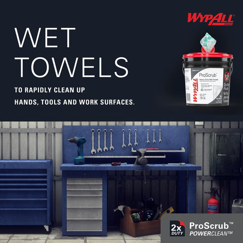 Heavy Duty Wet Towels ProScrub Dual Action Cleaning Wipes 9.5 By 12 Inches Large Wipes with Bucket Included 450 Sheets Total Alcohol Free Citrus Clean for Skin and Surfaces displayed in workshop setting
