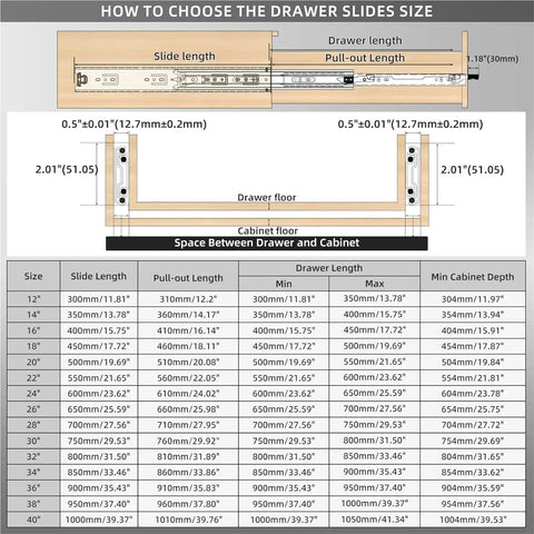 Beefy Heavy Duty Drawer Slides 1 Pair, 68kg Load Capacity, side mount full extension rails size chart for cabinet drawers
