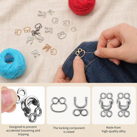 Heavy Duty Hook And Eye Sewing Kit with assorted zinc alloy closures, showcasing closures and threading on denim fabric.