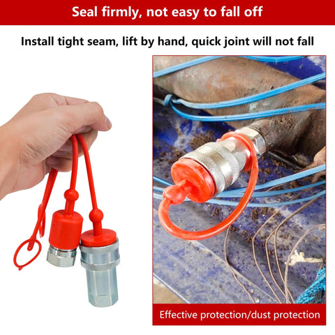 Two Sets Of One Half Inch ISO A Hydraulic Coupler Dust Caps And Female Plug Covers For Contamination Prevention, installed