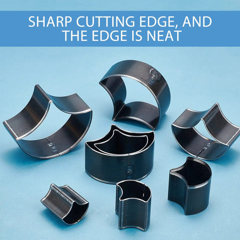 Leather Punch Die Set With 8 Fan Shaped Cutting Dies In High Carbon Steel For DIY Leather Craft on blue background.