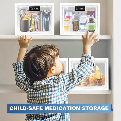 Top Notch Lockable Medicine Storage Box With Straightforward Combination Dial For Prescription Pills Snacks Phones And Daily Stash Secure Home Office Container Keeping Vital Gear Locked Up Tight No Hassle, child accessing shelf storage.