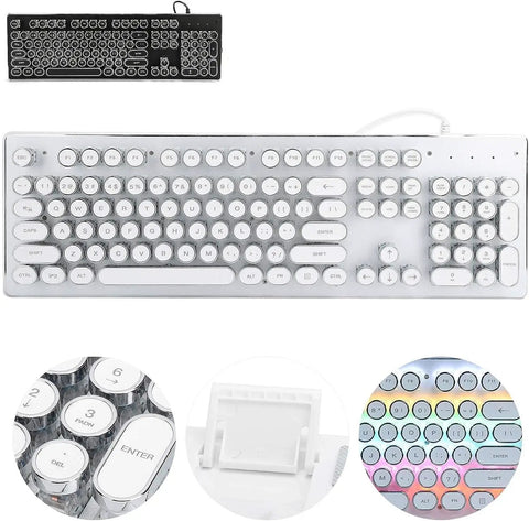 Badass 104 Key Mechanical Gaming Keyboard For PC featuring sleek white round keys and retro punk design with vibrant backlights.