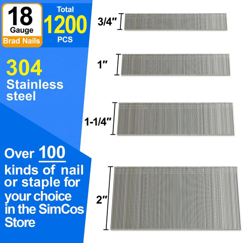 Professional 18 Gauge 304 Stainless Steel Brad Nails 3/4 To 2 Inch Hella Durable Fasteners, 1200 piece set with various lengths displayed.
