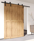 Black Rustic Bypass Sliding Barn Door Hardware Kit For Two Doors, 8ft Flat Track With Classic Roller System installed in room