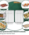 Quarter Sheet Pan With Cooling Rack Set Two Baking Sheets And Two Wire Racks Stainless Steel shown with baked foods