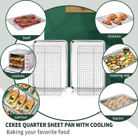 Quarter Sheet Pan With Cooling Rack Set Two Baking Sheets And Two Wire Racks Stainless Steel shown with baked foods