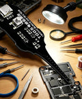 Coil Pack Inductance Tester For PCB With Indicator Lights A Handy Portable Electromagnetic Inductor Fault Detector For Circuit Coils And PCB Repair Jobs on a workbench with tools.