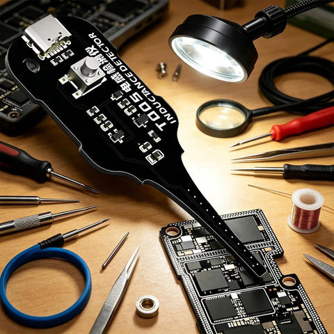 Coil Pack Inductance Tester For PCB With Indicator Lights A Handy Portable Electromagnetic Inductor Fault Detector For Circuit Coils And PCB Repair Jobs on a workbench with tools.