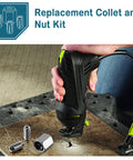 Replacement Collet And Nut Kit For Spiral Saws And Drywall Cutout Tools. Image of collets and nut with tool in use on wood surface.