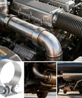 Collage showing 2.5 Inch Exhaust Clamp Set, Narrow Band Muffler Clamps on stainless steel car exhaust pipe, heavy duty fit.