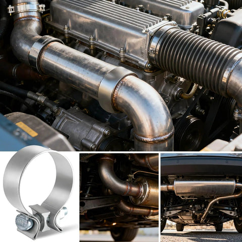Collage showing 2.5 Inch Exhaust Clamp Set, Narrow Band Muffler Clamps on stainless steel car exhaust pipe, heavy duty fit.