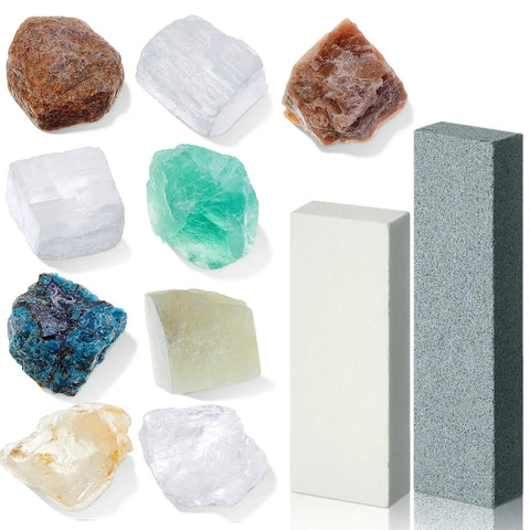 Mohs Hardness Test Kit 11 Piece Mineral Discovery Set with 9 rock specimens and 2 unglazed porcelain streak plates.
