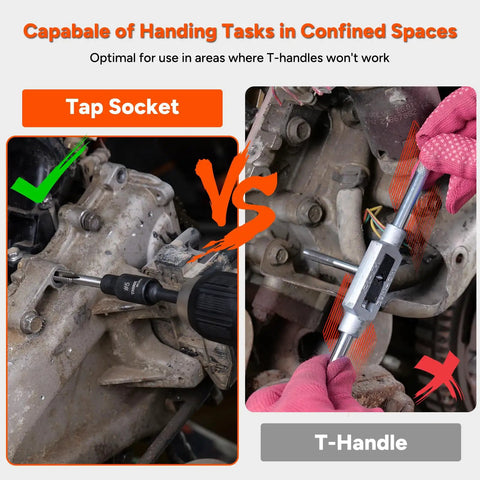Comparison of Magnetic Tap Socket Set Twelve Piece For One Quarter Inch And Three Eighths Inch Drive with T-Handle in tight space