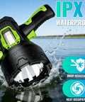 Rechargeable Spotlight 2,000,000 Lumen Handheld Searchlight with Foldable Tripod showcasing waterproof feature in water.