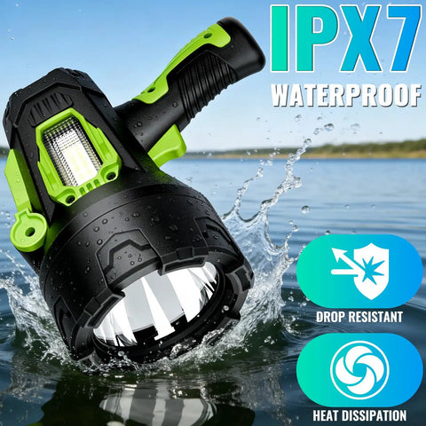 Rechargeable Spotlight 2,000,000 Lumen Handheld Searchlight with Foldable Tripod showcasing waterproof feature in water.