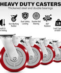 Solid As A Rock Six Inch Polyurethane Caster Wheels Rolling Smooth As Butter With Quiet 360 Degree Swivel Action For Effortless Glide On Hard Floors Heavy Duty Four Pack with red wheels and locking features.
