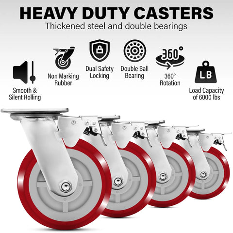 Solid As A Rock Six Inch Polyurethane Caster Wheels Rolling Smooth As Butter With Quiet 360 Degree Swivel Action For Effortless Glide On Hard Floors Heavy Duty Four Pack with red wheels and locking features.