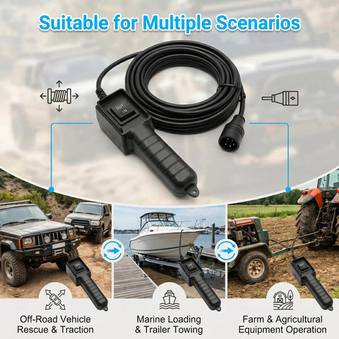 Premium 5 Pin Winch Remote Control Switch Cable For Badland Electric Winches in use for off-road, marine, and agricultural scenarios.