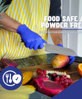 Built Tough 5 Mil Thick Nitrile Exam Gloves In Sharp Cobalt Blue Disposable Latex Free Protective Handwear For Health Professionals Emt Teams And Food Prep Straight Up Mega Bundle Of One Thousand Count cutting fruit on a wooden board.