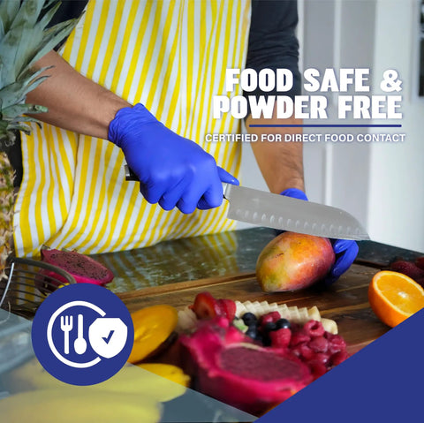 Built Tough 5 Mil Thick Nitrile Exam Gloves In Sharp Cobalt Blue Disposable Latex Free Protective Handwear For Health Professionals Emt Teams And Food Prep Straight Up Mega Bundle Of One Thousand Count cutting fruit on a wooden board.