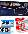 Open Sign LED Neon Oval For Businesses With Flashing Mode kit including open/closed signs, business hours chart, and accessories