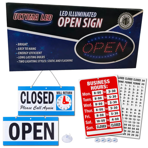 Open Sign LED Neon Oval For Businesses With Flashing Mode kit including open/closed signs, business hours chart, and accessories