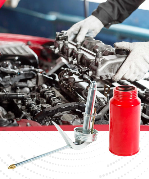 Two-piece metal pump oil can set for automotive use; red 200ml squirt can with nozzle and pump handle.