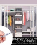 Hand holding part of Spring Loaded Bi-Fold Door Top Roller Guide Wheel And Pivot Kit 4 Pack Hardware Repair Kit near closet.