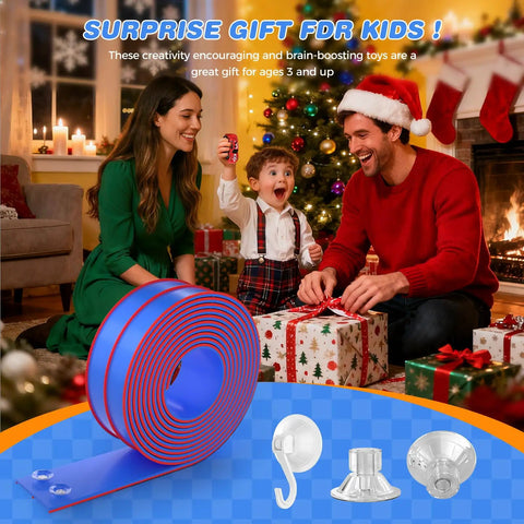 Family celebrating beside Dual Side By Side 15 Foot Flexible Race Track Set For Kids With Reinforced Suction Cup Flex Tracks