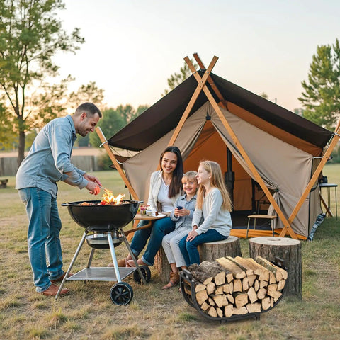 24 Inch Indoor Firewood Rack With Carrier near tent campsite, thickened metal rustproof wood storage rack filled with logs, family camping