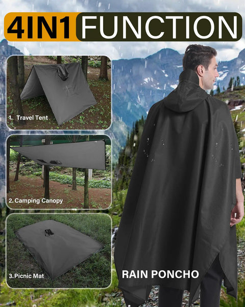 Black Hooded Packable Unisex Rain Poncho With Front Pocket Ultra Lightweight Waterproof Raincoat for all-weather use