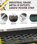 Industrial grade power strip with 8 outlets, featuring earth leakage protection, copper wire, aluminum alloy, and insulation paper.