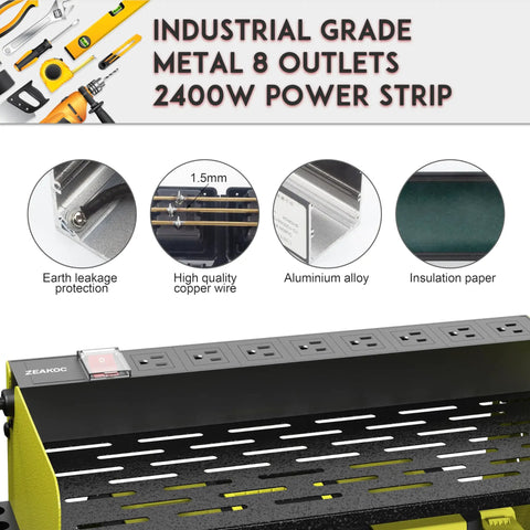 Industrial grade power strip with 8 outlets, featuring earth leakage protection, copper wire, aluminum alloy, and insulation paper.