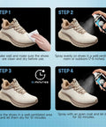 Shoe Protector Spray Waterproof Formula Builds Invisible Shield For Sneakers And Boots Against Rain Slush Mud And Coffee To Keep Your Kicks Looking Legit All Year Long application steps with spray and clean shoe.