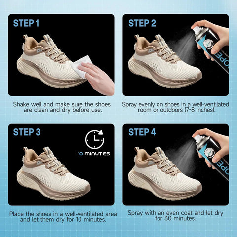 Shoe Protector Spray Waterproof Formula Builds Invisible Shield For Sneakers And Boots Against Rain Slush Mud And Coffee To Keep Your Kicks Looking Legit All Year Long application steps with spray and clean shoe.